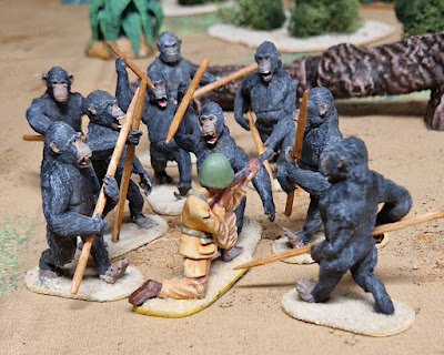 a planet of the apes wargame. a game with free OMOG and OMOK wargame rules by Thor Sheil. how to create a budget POTA looking ape army on budget.