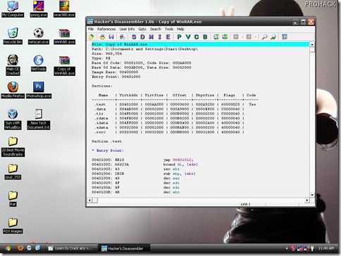 Open Hackers Disassembler and load copy of Winrar in it - www.theprohack.com