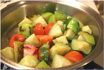 Cooking tomatillos for mole espinazo