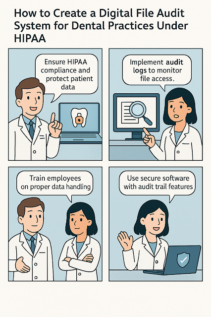 A four-panel comic titled "How to Create a Digital File Audit System for Dental Practices Under HIPAA."  Panel 1: A male dentist stands next to a computer displaying a dental x-ray icon. He says, "Ensure HIPAA compliance and protect patient data."  Panel 2: A female dentist points to a screen with a magnifying glass over a document. She says, "Implement audit logs to monitor file access."  Panel 3: The two dentists stand together, and the male dentist says, "Train employees on proper data handling."  Panel 4: The female dentist smiles and gestures to a laptop with a security shield icon. She says, "Use secure software with audit trail features."