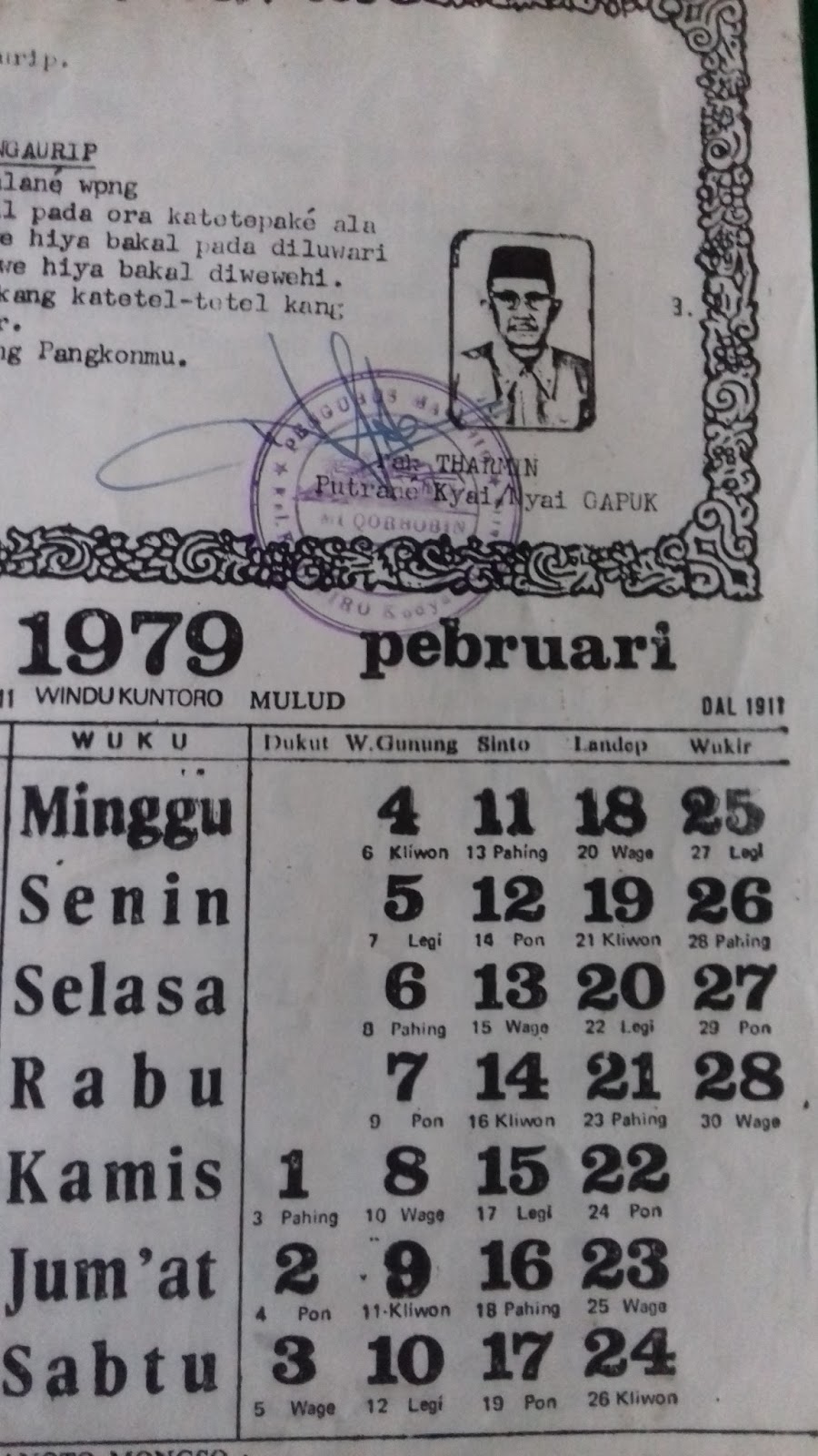 Gudang Barang Lawas KALENDER  JAWA  TAHUN 1979 ADA HARI 