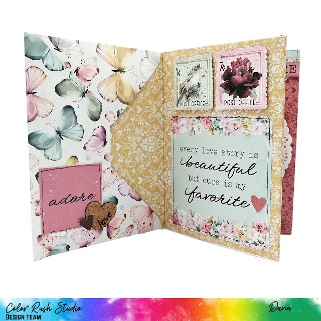 A6 envelope album created with paper from the Simple Stories Simple Vintage Love Story line, decorated with embellishments from Color Rush Studio.