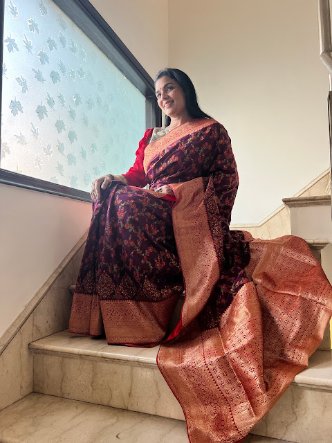 Wine and red thread jaal saree