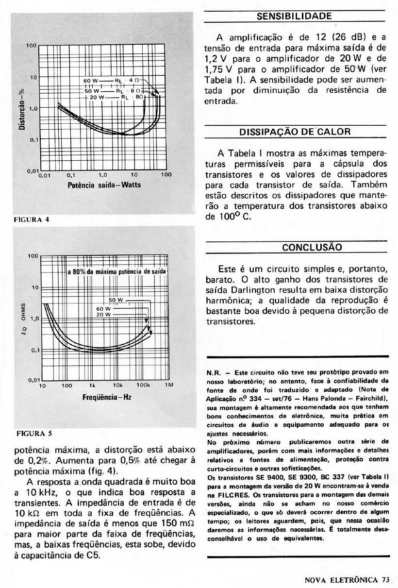 NOVA ELETRÔNICA n.01 02/1977 - AMP de áudio de 20 a 60 w darlington