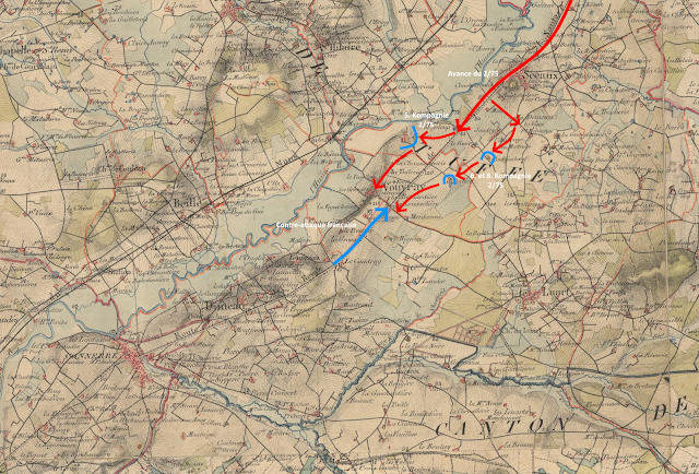 Carte du débuts des combats de Duneau lors de la bataille du Mans