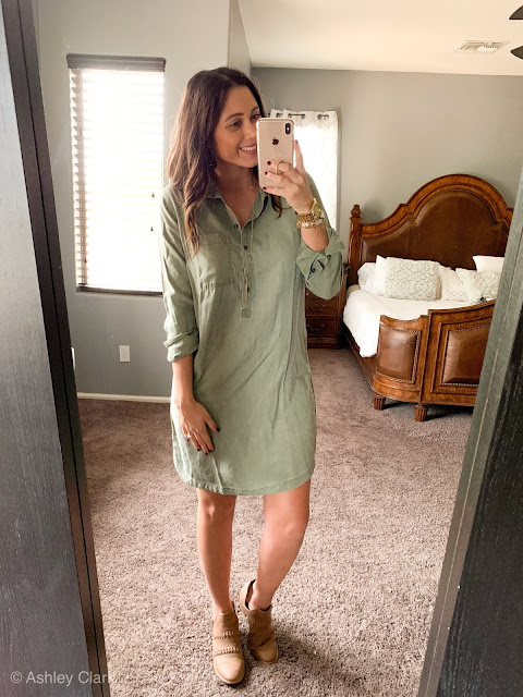 old navy green button up dress with brown booties 