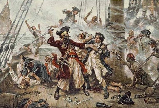 Битва между пиратом Черной Бородой и лейтенантом Мейнардом в заливе Окракок в 1718 году.