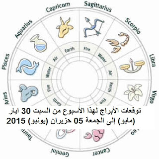 توقعات الأبراج لهذا الأسبوع من السبت 30 ايار (مايو) إلى الجمعة 05 حزيران (يونيو) 2015 