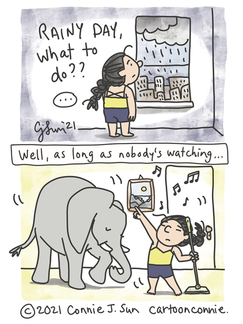 Two-panel slice-of-life comic of an introverted girl with a braid, at home, staring out the window overlooking a cityscape and heavy rain clouds, captioned "Rainy day, what to do?" Panel 2, girl dancing to music in underwear with a Swiffer mop and with Elephant also getting down. Captioned, "Well, as long as nobody's looking." Comic drawing by Connie Sun, cartoonconnie