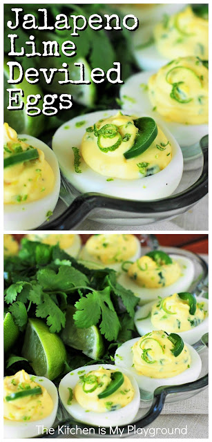 Jalapeno-Lime Deviled Eggs ~ These tasty little eggs aren't your Mama's deviled eggs! Packed with jalapeno, fresh lime, & fabulous flavor for a fun and unique take on deviled eggs.  www.thekitchenismyplayground.com