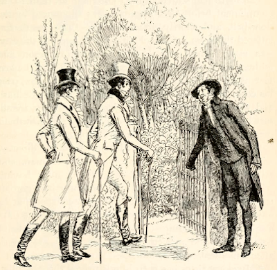 Mr Darcy and Colonel Fitzwilliam come to call on the ladies at the parsonage by Hugh Thomson in Pride and Prejudice by Jane Austen 1896 edition