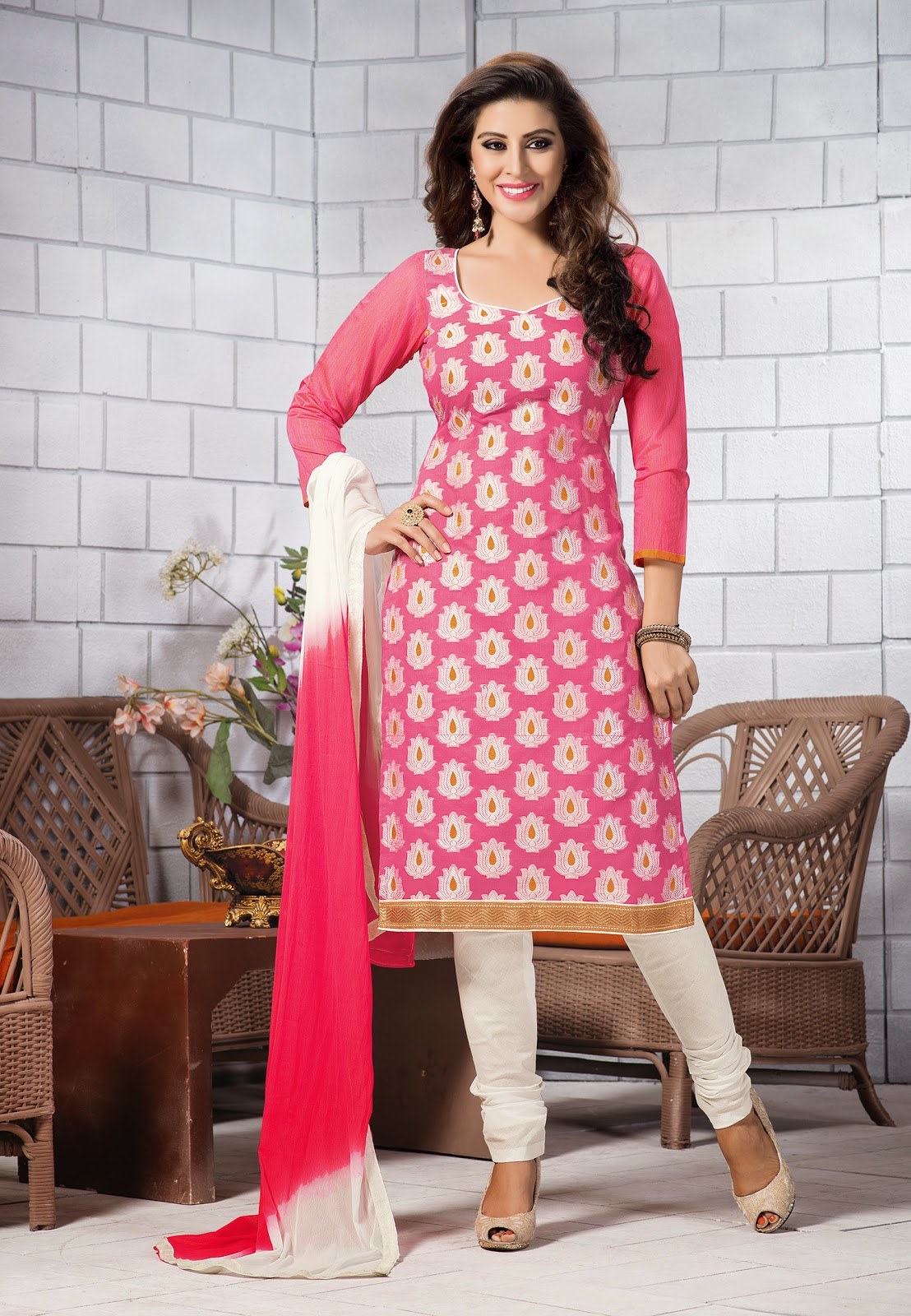  Pink and Cream Banarasi Chanderi Silk Salwar Kameez