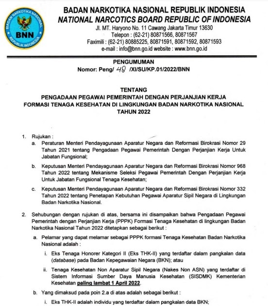 Lowongan Kerja Lowongan Kerja Pegawai ASN Badan Narkotika Nasional Tingkat D3 S1  Anggaran  [304 Formasi]  April 2024