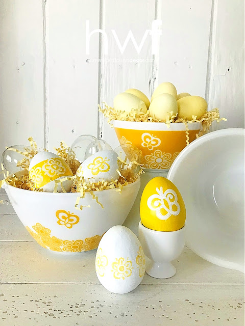 spring, Easter, seasonal, painting, tutorial, re-purposed, garden style, up-cycling, diy decorating, vintage style, vintage, DIY,decorating, Easter eggs, painted Easter eggs, Pyrex, Pyrex Easter eggs, vintage Pyrex, spring home decor