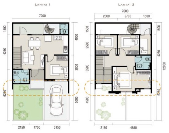 Denah rumah minimalis ukuran 7x12 meter 5 kamar tidur 2 lantai