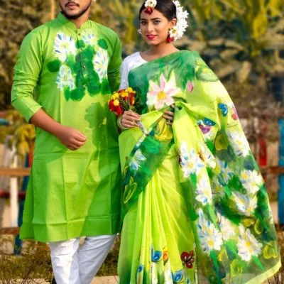 কাপল শাড়ি পাঞ্জাবি ডিজাইন , কাপল শাড়ি পাঞ্জাবি সেট - Couple Saree Punjabi Designs - NeotericIT.com