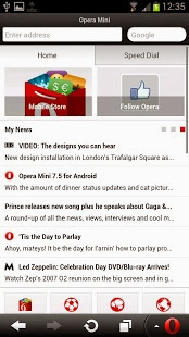 Screenshots of the Opera Mini Browser for Android tablet, phone.