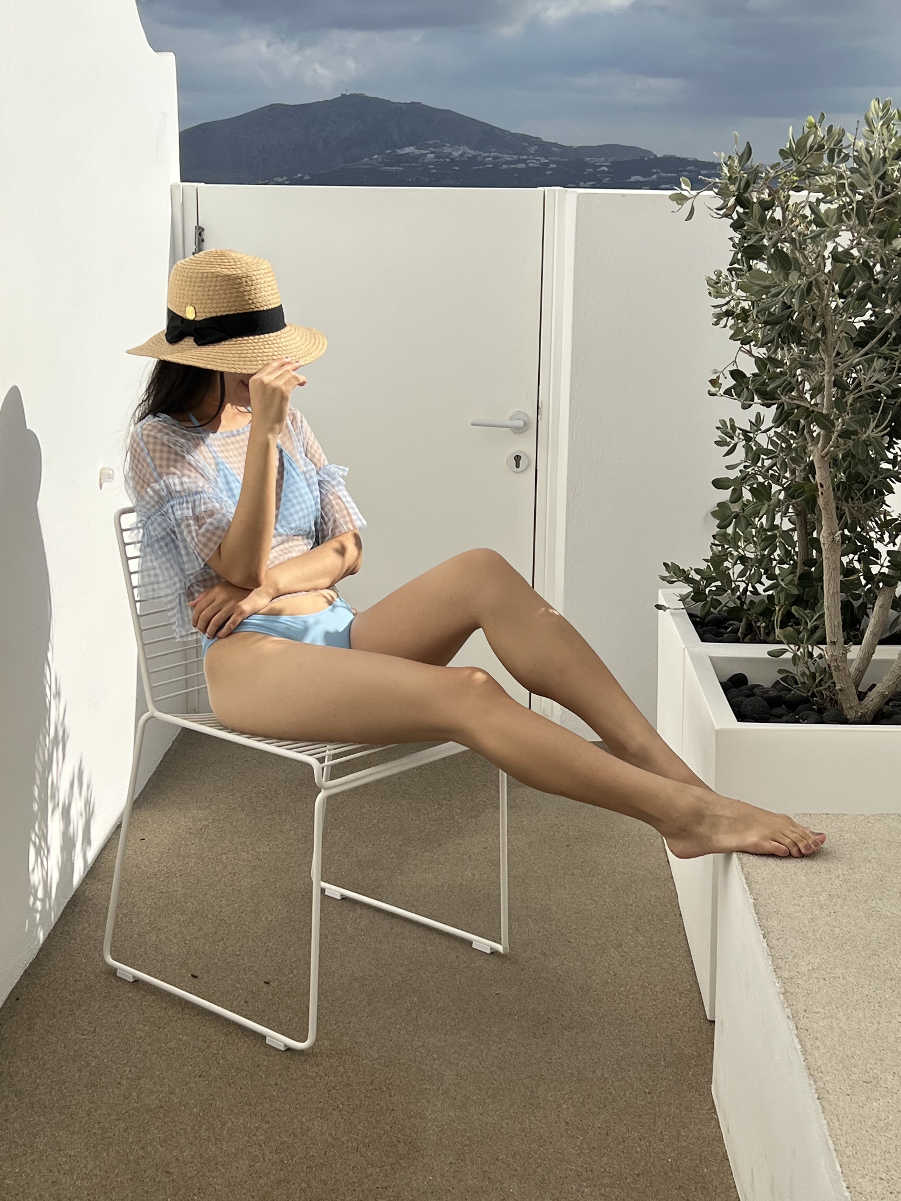 Sky Blue Two Piece Bikini with Sheer Gingham Crop Top Beach Look_Plunge Pool in Santorini_Imerovigli Vacation Resort Look_Fedora Outfit_Panama Hat with Bikini_Adrienne Nguyen