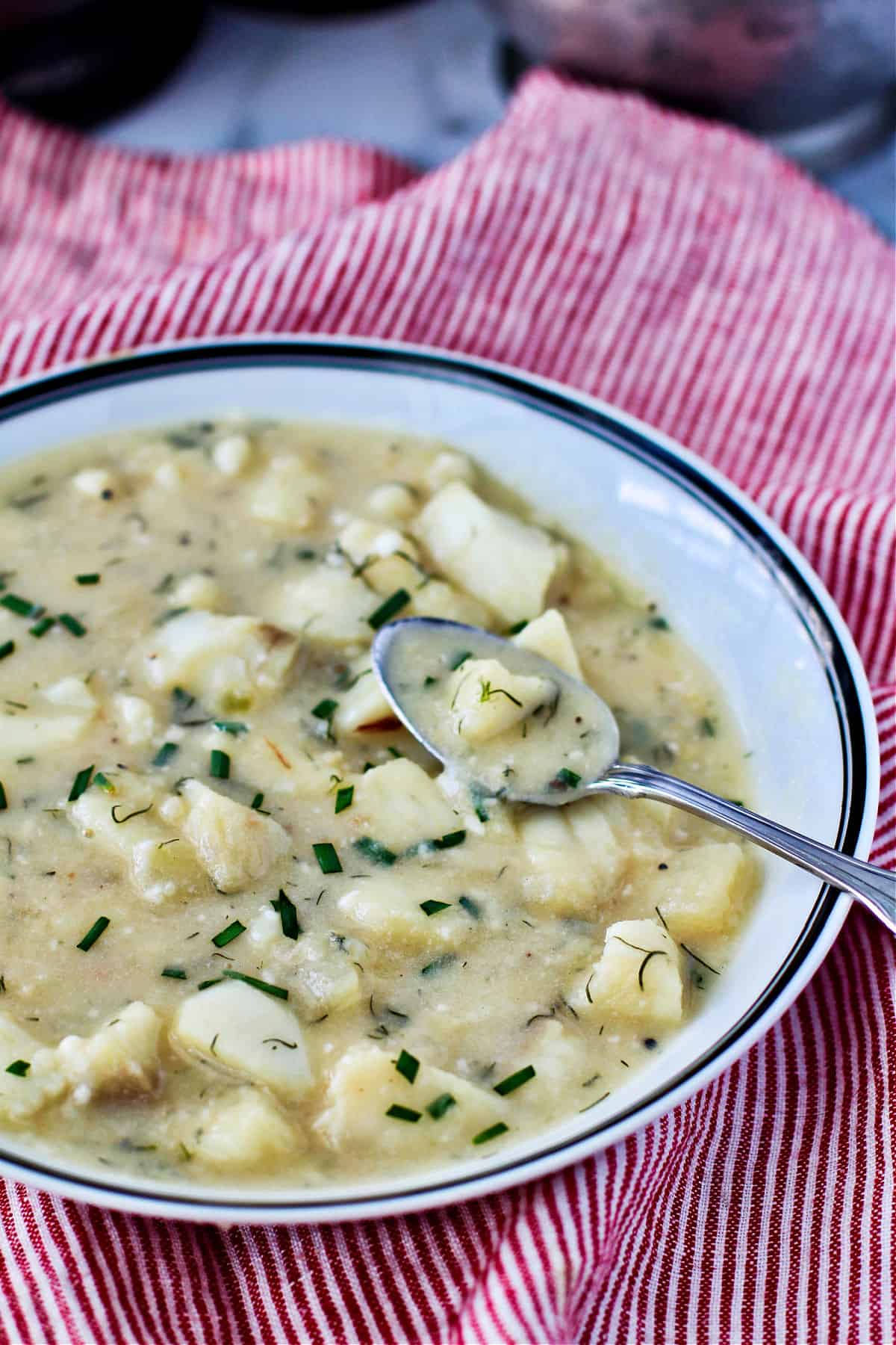 Scandinavian-Style Fish and Potato Soup in a bowl.