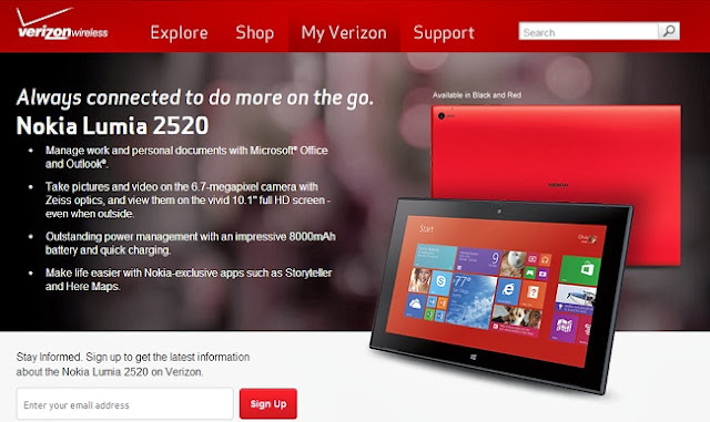 Nokia's first Windows RT tablet Lumia 2520 shows specifications on pre-registration page