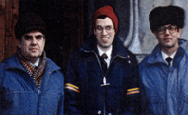 Dr. David R. Leffler standing outside of the Theoretical Problems Department of the Russian Academy of Sciences with Dr. Rimiliy Avramenko (left), one of Russia’s leading Vacuum State physicists and Chief of the former USSR Military’s top secret project codenamed, “Veedal”, and Dr. Vladimir I. Krementsov (right), Head of the Laboratory of the Scientific Research Institute of Radio Device Engineering, Russian Academy of Sciences.