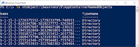 Listing the AppContainerNamedObjects directory with "ls ntobject:\Sessions\9\AppContainerNamedObjects".