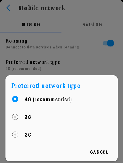 Network types for internet connection