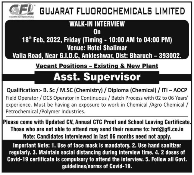 Job Availables,Gujarat Fluorochemicals Ltd Walk-In-Interview For BSc/ MSc/ Diploma Chemical Engg/ ITI AOCP