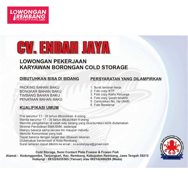 Lowongan Kerja Karyawan Borongan Cold Storage CV Endah Jaya Rembang