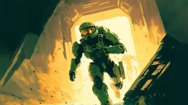 MidJourney AI Generated image of a cinematic illustration of halo master chief in space