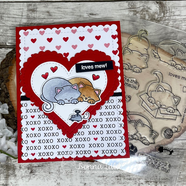 Donna Idlet, Newton's Nook Designs, Newton's Antics Stamp Set, Frames & Flags Die, Heart Frames Die Set, Love & Meows" 6x6 Paper Pad,  Valentine's Day Card XOXO paper