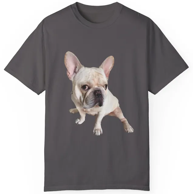 Unisex Garment Dyed Comfort Colors T-Shirt With Funny White French Bulldog Looking at Camera