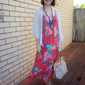 awayfromtheblue Instagram | summer floral maxi dress in autumn with kimono and ankle boots LV neverfull tote