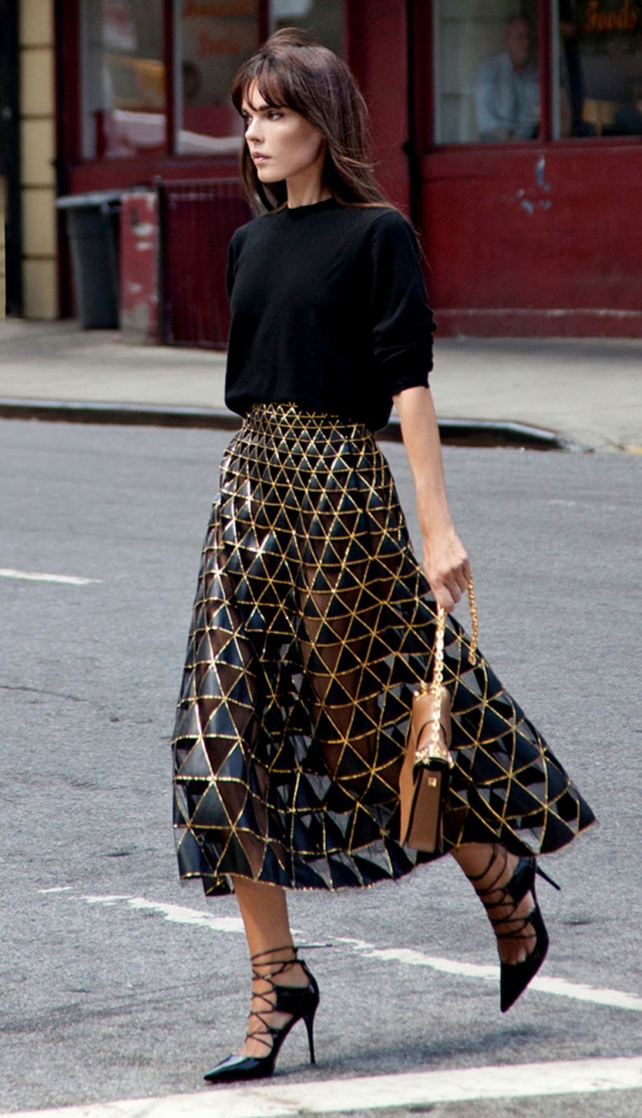 fashion trends / black top + midi skirt + bag + heels