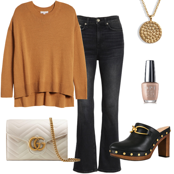 clogs, fall outfit, grey flare jeans, gucci bag
