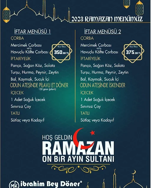 İbrahim Bey Döner Melikgazi Kayseri Ramazan 2023 İftar Menüleri ve Fiyatları
