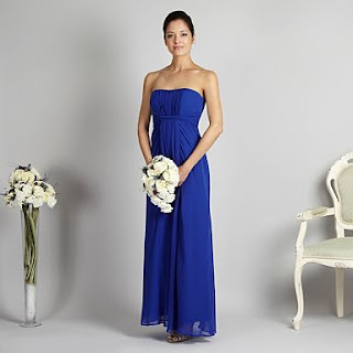 bright blue, strapless maxi dress