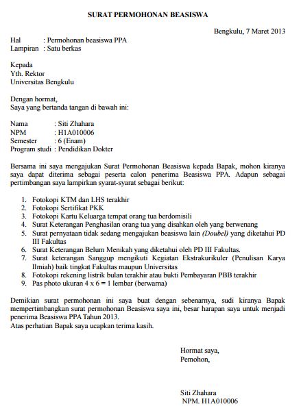 Contoh Surat Permohonan Beasiswa PPA Mahasiswa Kampus 