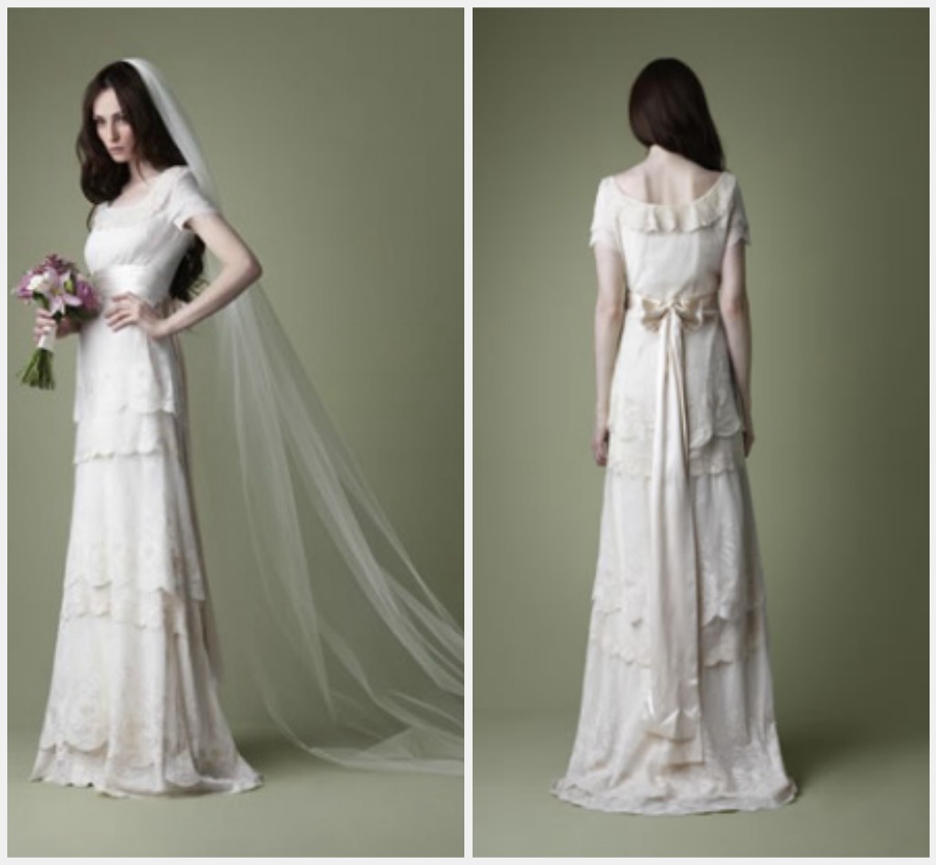 lace a-line wedding dresses with sleeves 1910s Edwardian style tiered lace wedding dress