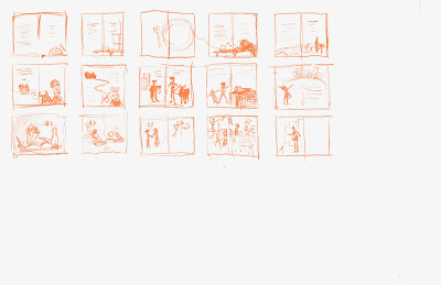 Thumbnail sketches of children's book spreads for Jack and the Beanstalk story.