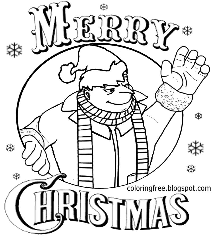 Simple happy printable Santa claws merry Minion Christmas coloring page for youngsters to illustrate
