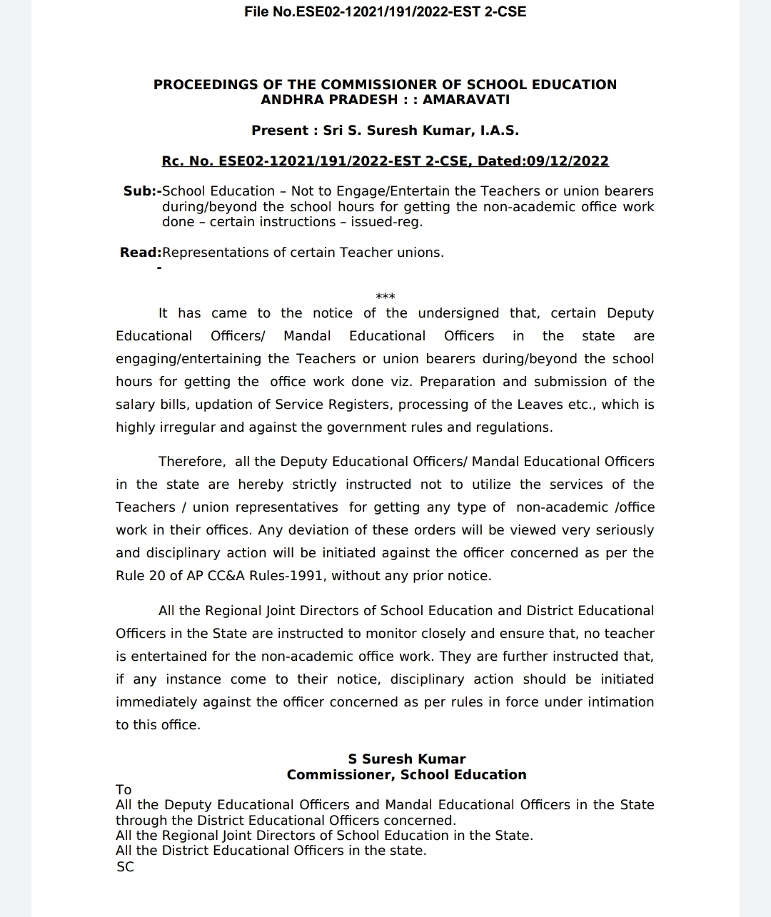  Not to Engage/Entertain the Teachers or union bearers during/beyond the school hours for getting the non-academic office work done - certain instructions,Rc. No. ESE02-12021/191/2022-EST 2-CSE, Dated:09/12/2022