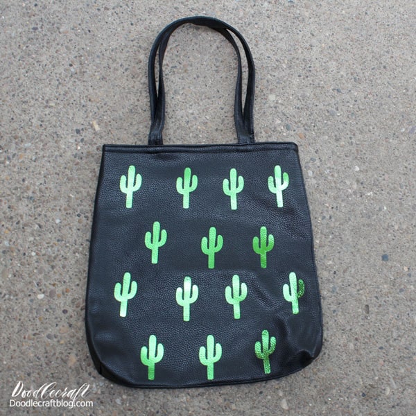 Cactus Faux Leather Tote Bag with Cricut!   Make the cutest cactus tote with shimmery foil to shine like a disco ball!   This is also a wonderful way to use scraps of iron-on vinyl--so bust out the scrap box and get polka dotting a tote beofre the new year!   It's easy to make with one simple image cut multiple times.  Best part is that Iron-on Vinyl adheres perfectly to faux leather, and it couldn't be more easy!   Learn how to make a polka dot cactus faux leather tote using Cricut!