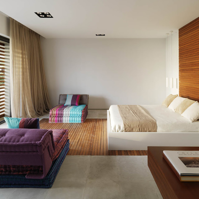 Bedroom with wooden planks on the wall and floor 