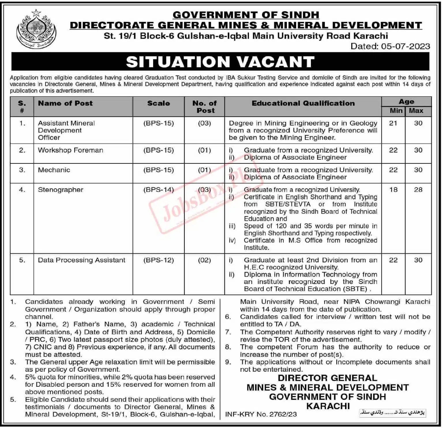 Mines and Minerals Department Sindh Jobs 2023 Latest Advertisement