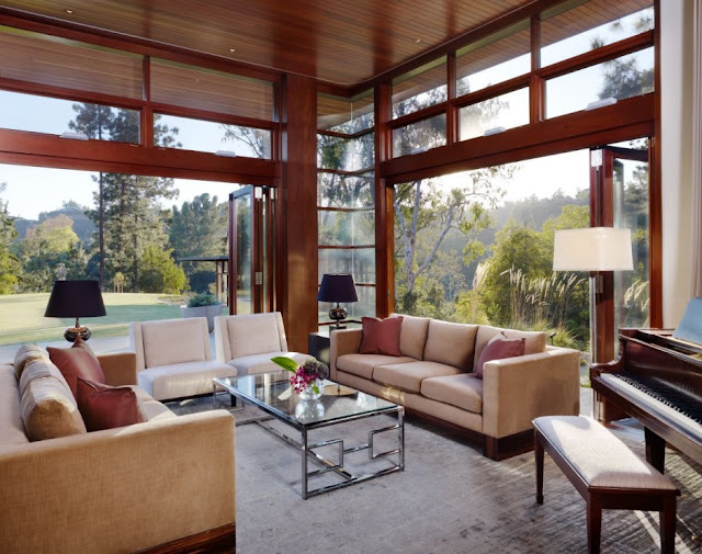 Contemporary living room in the Mandeville Canyon Residence