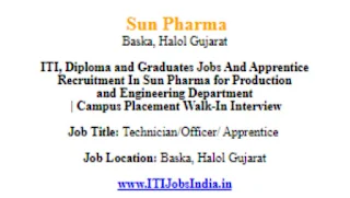 Sun Pharma Recruitment: ITI, Diploma and Graduates Jobs And Apprentice Recruitment In Sun Pharma for Production and Engineering Department |Walk-In Interview