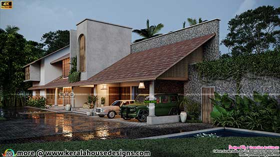 Wide Green House Design evening side view
