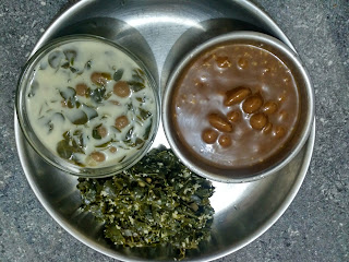 Moringa greens poriyal,  Sorghum mini dumplings in Moringa Stew  and Jaggery syrup