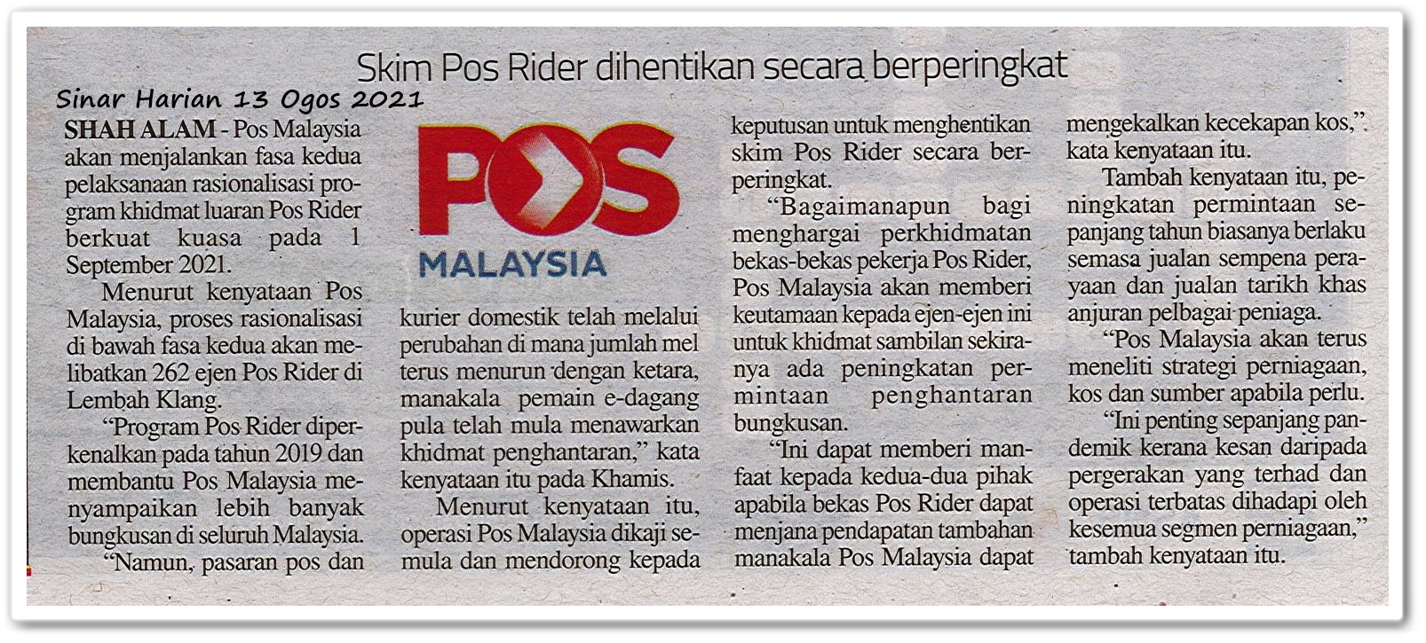 Skim Pos Rider dihentikan secara berperingkat - Keratan akhbar Sinar Harian 13 Ogos 2021